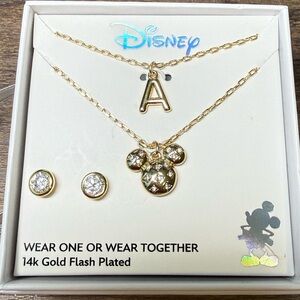 Mickey Mouse Cubic Zirconia Gold Initial “A”
Pendant Necklace and Earring Set